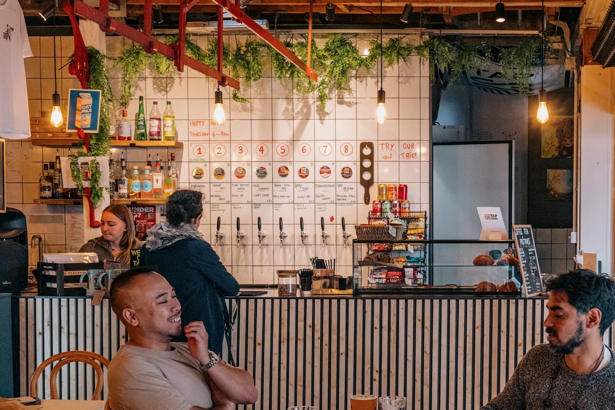 Pub table with glasses and snacks